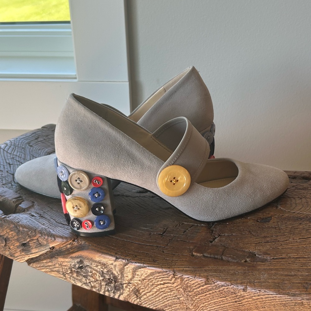 Katy Perry Collections “Alice Suede” Button Embellished Heels, Size 7